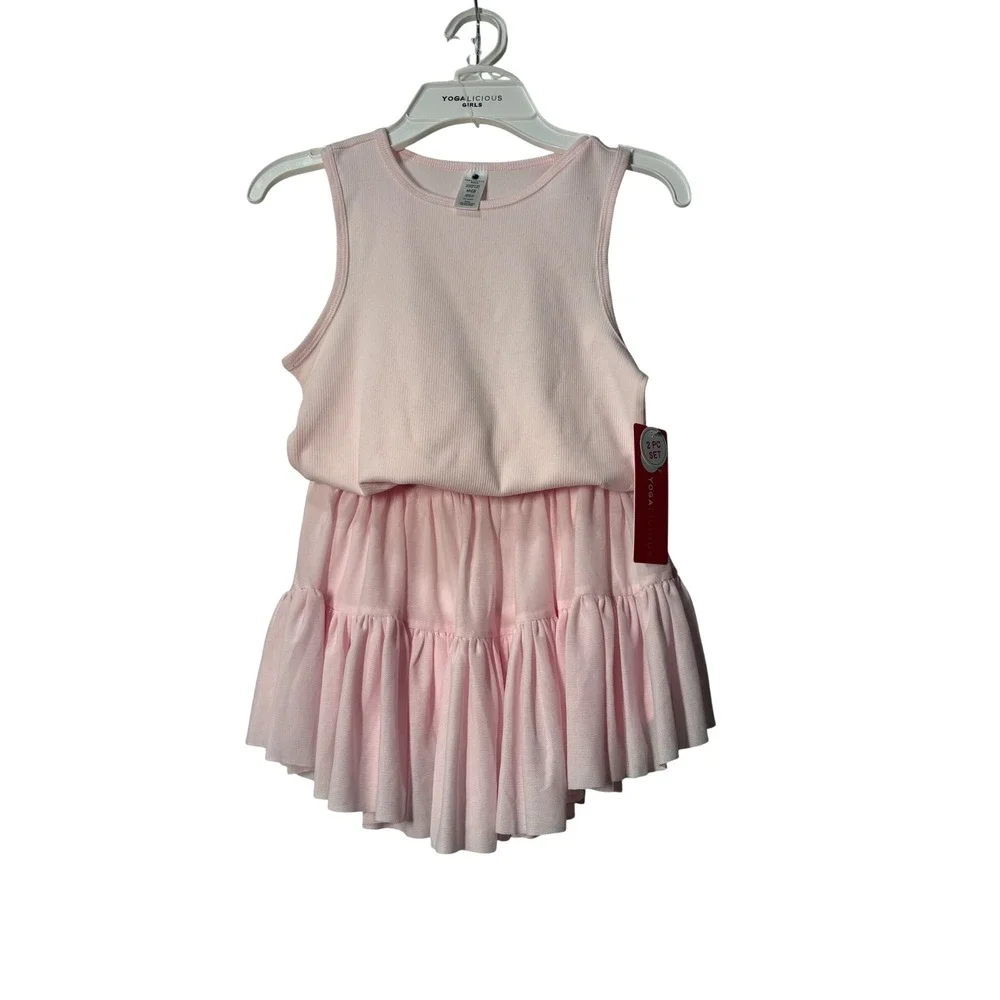 Yogalicious NWT Girls 2pc Set Rib Tank Mesh/Skort Pink Festival Bloom M/10